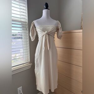 Puff-Sleeve Tie-Front Midi Dress in Cream